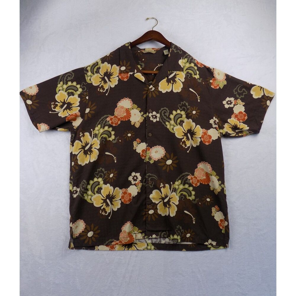 Vintage Tommy Bahama Men's Button Up Brown Hawaiian Shirt 100% Silk Extra Large